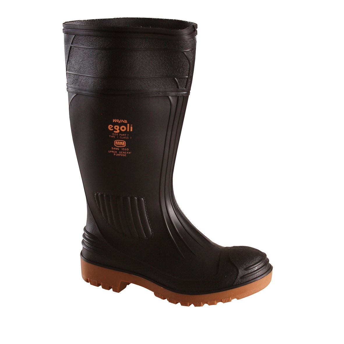 WAYNE-knee le-EGOLI-STC-MENS-GUMBOOTS Egoli 1 Knee Length Boots Black Upper With Toffee Sole (Without Stc) SABS Approved - Image 1