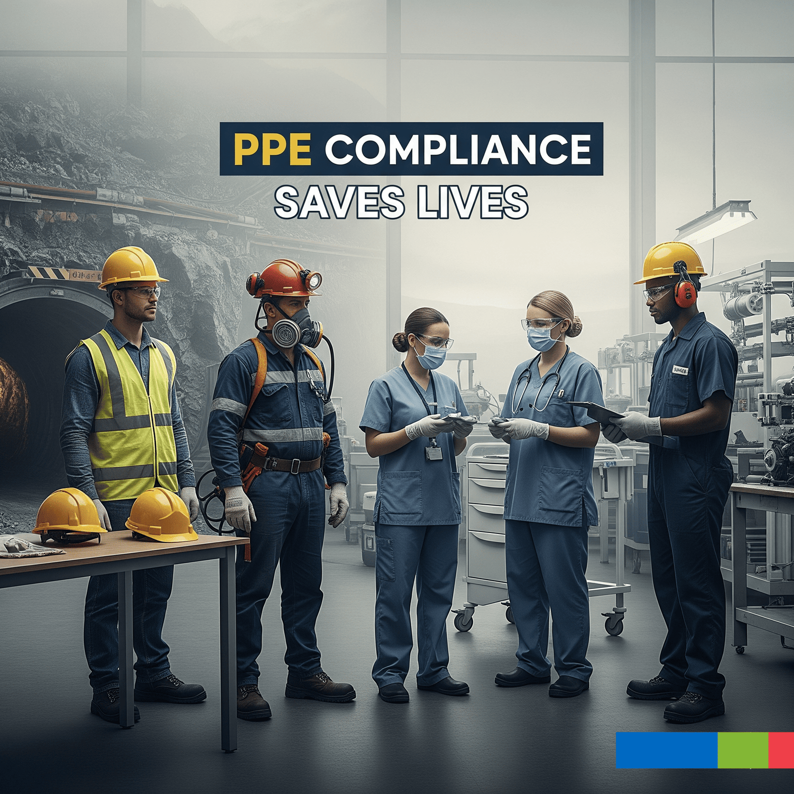 Elevate Your Workplace: The 2025 Guide to Flawless PPE Compliance in South Africa (Part 2 – How to Get Certified) 1 A group of workers from different fields, including construction and medical, stand together.