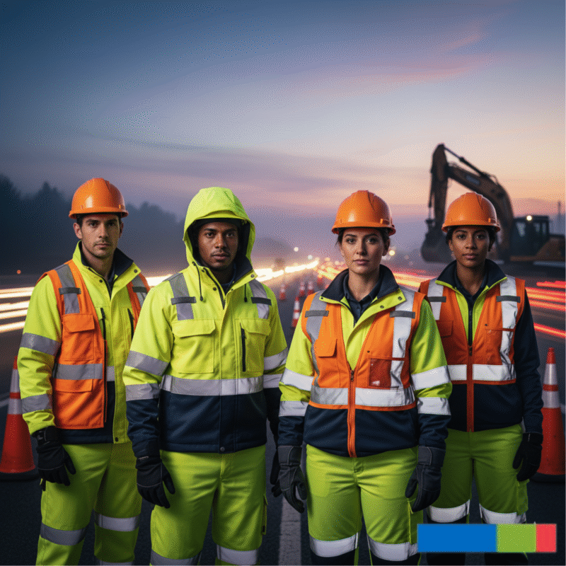A road crew of four workers wearing compliant hi-vis yellow and orange jackets and vests with reflective tape, standing at a construction site at dusk with long traffic light trails in the background.