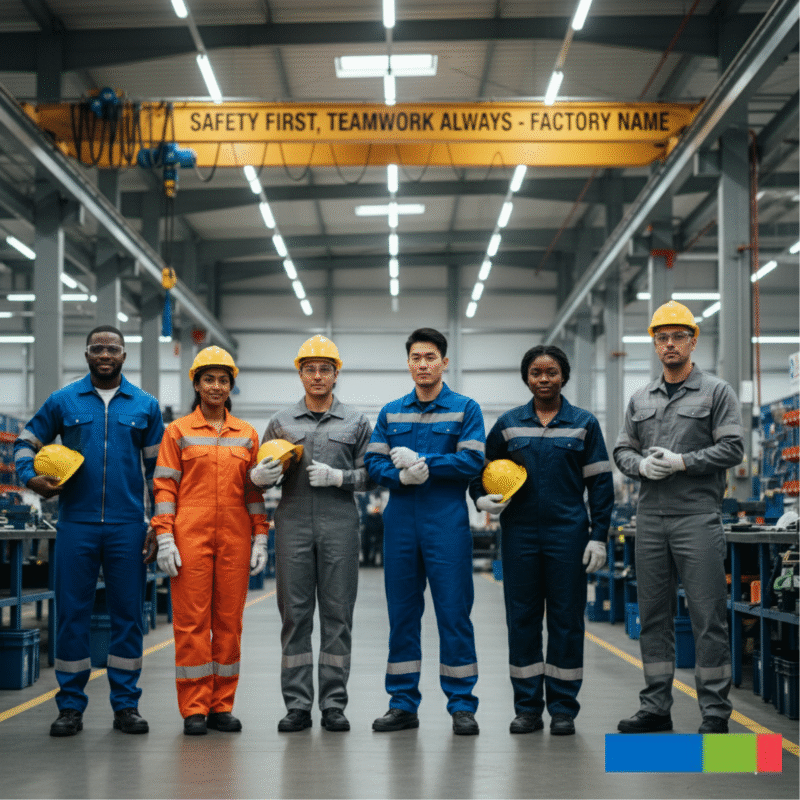 Diverse group of South African workers showcasing workplace safety in two-piece conti-suits and one-piece boiler-suits.
