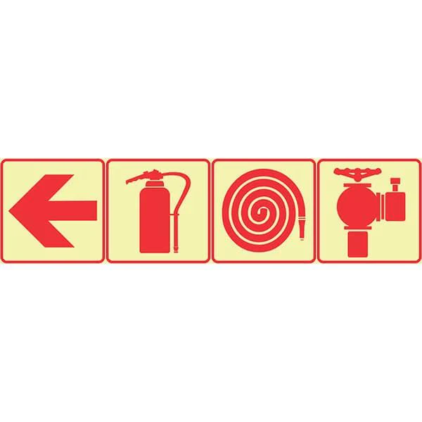 F2 -  SABS Red Arrow Left, Fire Extinguisher, Fire Hose Reel And Fire Hydrant. Photoluminescent (Glow In The Dark) Sign. Signs are manufactured to order, delivery in 7-10 business days.