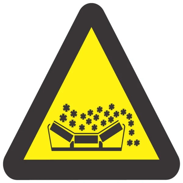 WW 21 - Beware of Material Falling from Moving Conveyor. Signs are manufactured to order, delivery in 7-10 business days.